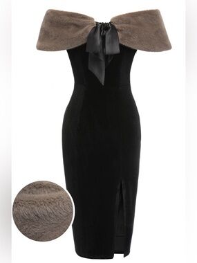 RETRO SPAGE 2PCS BLACK 1960S SOLID DRESS & PLUSH CAPE